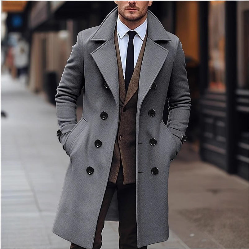 Men's Solid Color Mid-length Wool Coat Korean Style Double-breasted Jacket