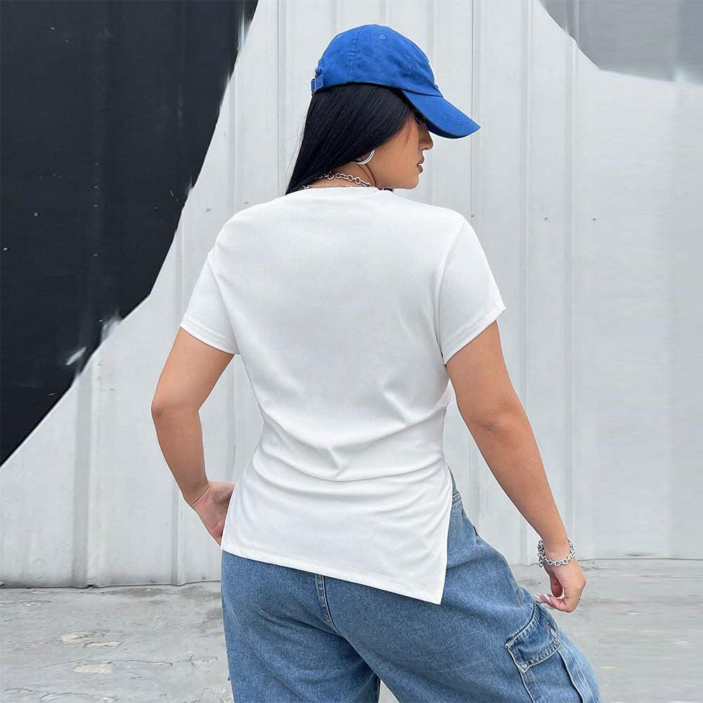 Simple Style Round Neck T-shirt Slim Fit Solid Color Top