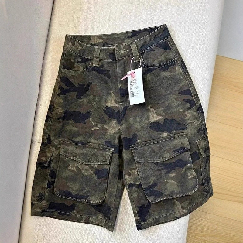 Womens Summer American-Style High-Street Vintage Camo Denim Shorts
