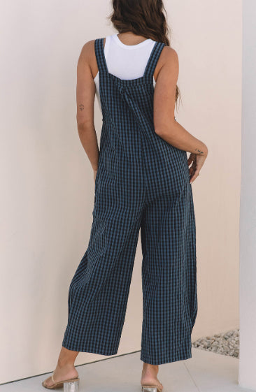 Sail Blue Plaid Print Buttoned Pocketed High Waist Overall