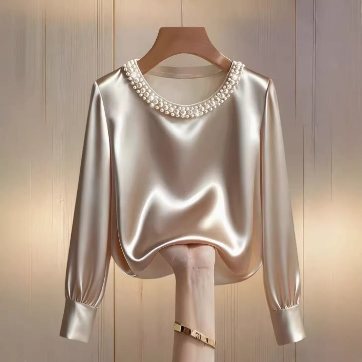 Simple Solid-Color Fashionable Beaded Crew-Neck Long-Sleeve Womens T-Shirt