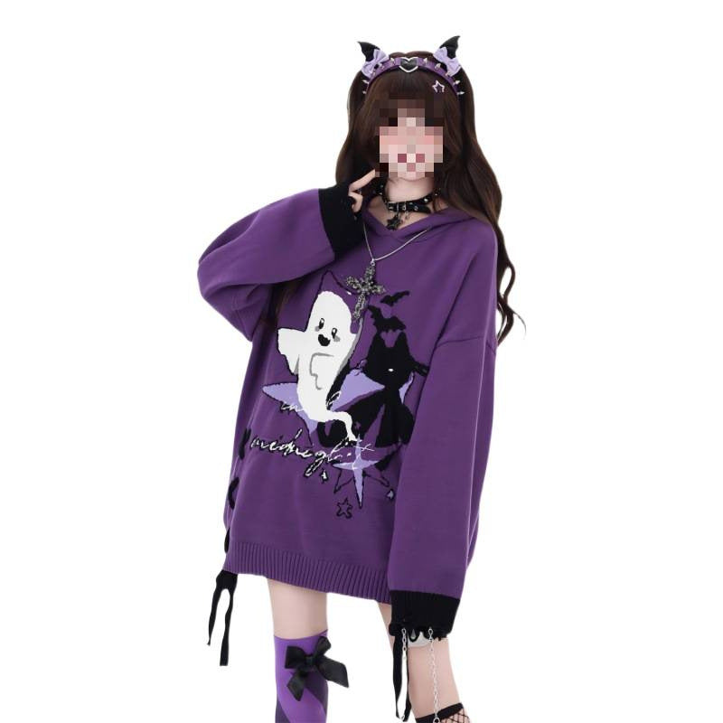 Original Black And Purple Contrast Color Lace-up Loose Sweater