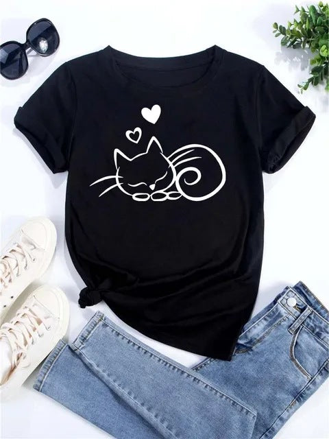 Womens Heart-Shaped Cat Crew-Neck Printed Short-Sleeve Top