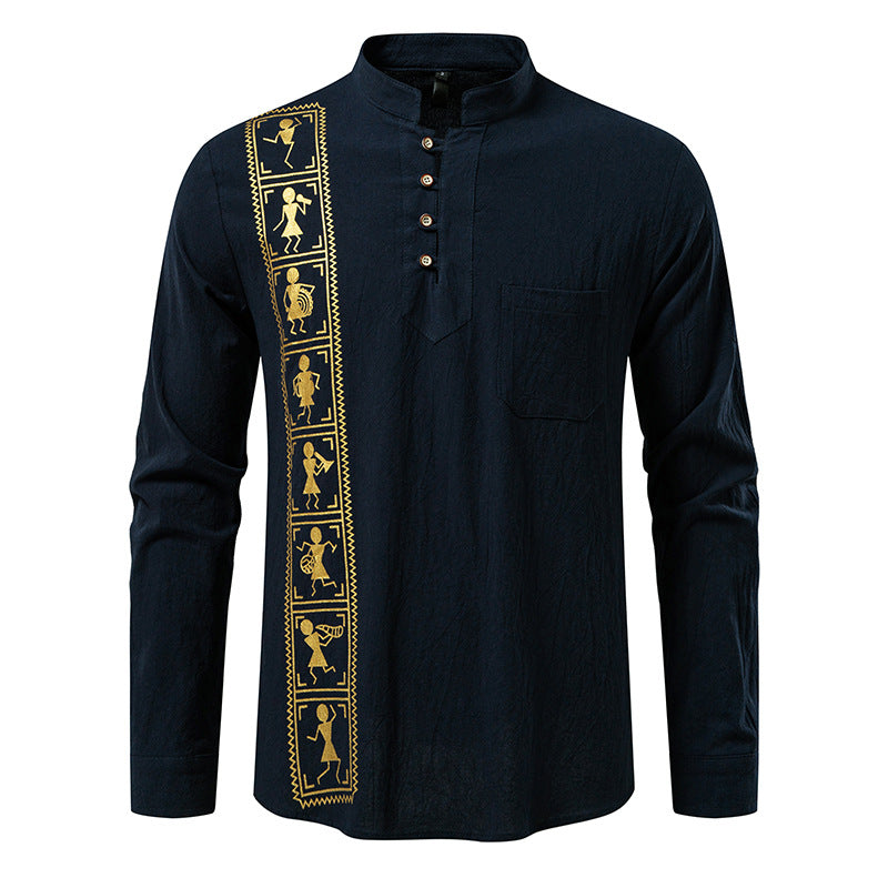 Printed Men's European Size Solid Color Cotton And Linen Shirt