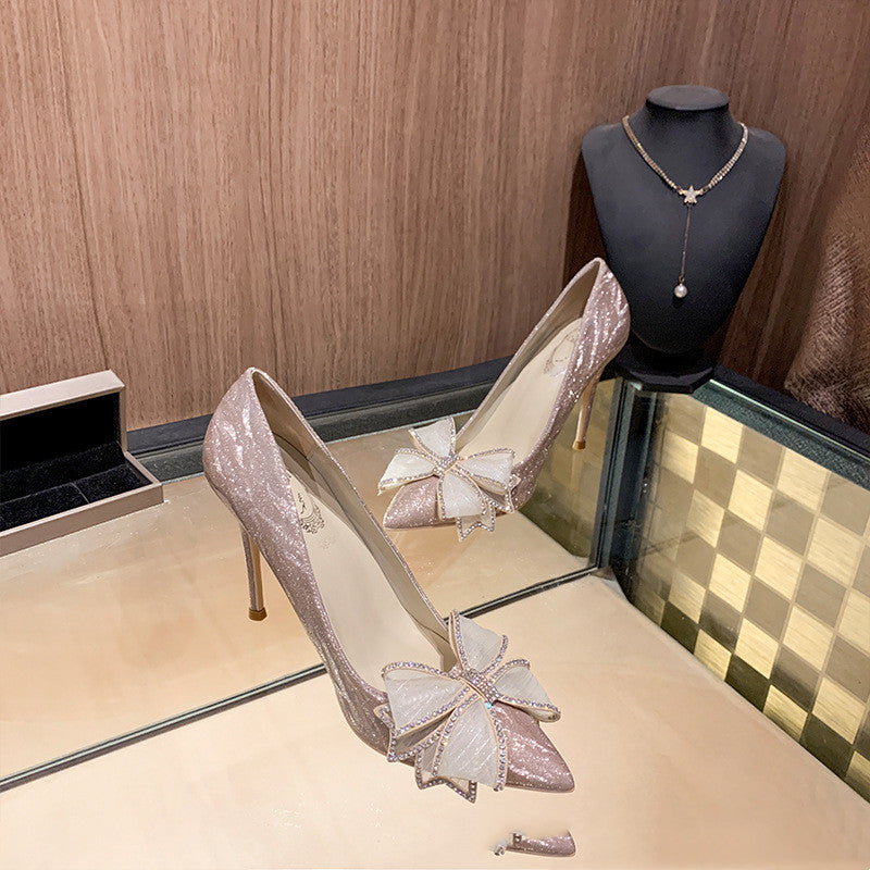 Pointed Toe Bow Knot Baotou Rhinestone Stiletto Crystal Bridesmaid Shoes High Heels