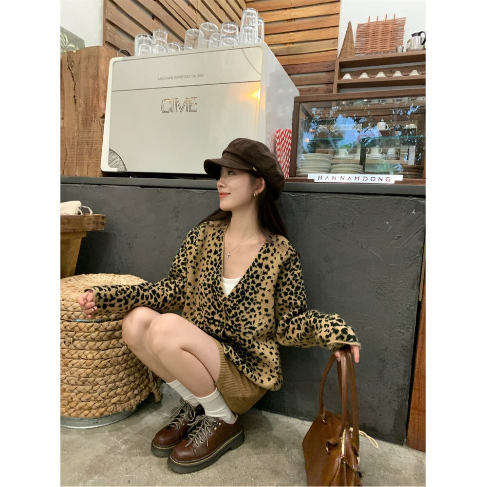 Vintage Leopard Print Knitted Cardigan Women's Casual Loose Sweater Coat