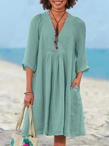 V-neck Loose Casual Pocket Dress For Women