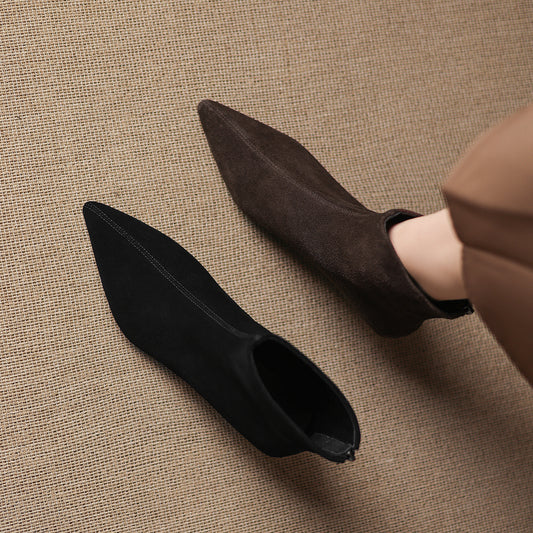 Cowhide Suede Pointed-toe Ankle Boots For Women