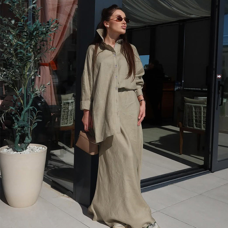 Fashionable Lapel Collar Loose-Fit Long-Sleeve Shirt And High-Waist Skirt Set