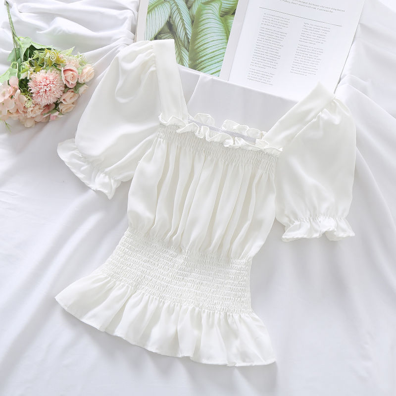 Summer New Design Sense Short Puff Sleeve Chiffon Shirt Women's Short Sleeve Square Collar Top