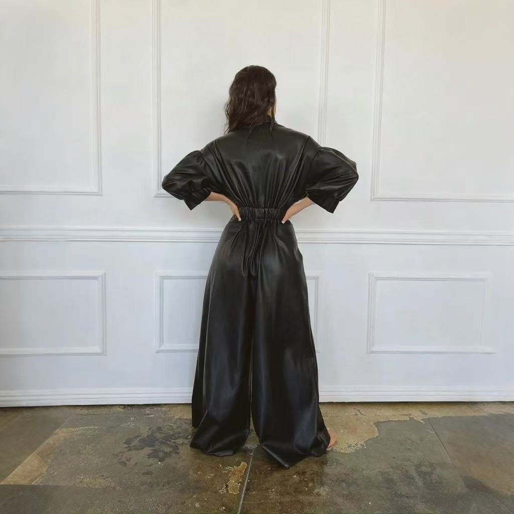 Black Pu Retro Loose Leather Button Pocket Jumpsuit