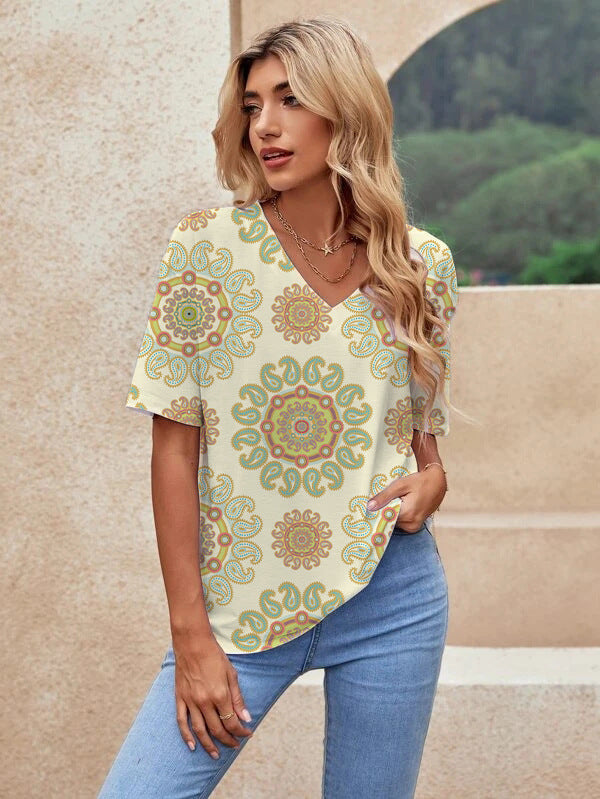 Printed Short Sleeve Urban Loose Casual Women's V Neck T Shirt