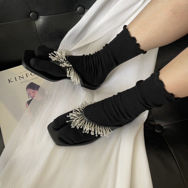 Split Toe Wooden Ear Double Needle Thin Sprout Solid Color Mid-calf Length Socks Bunching Socks Artistic Women's Socks