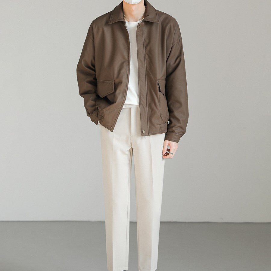 Korean Version Loose Lapel PU Leather Coat