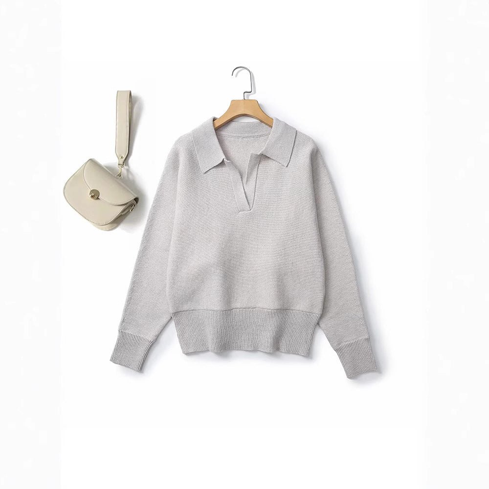 Winter Batwing Sleeve Polo Shirt V-neck Long Sleeve Wool Blended Sweater For Women