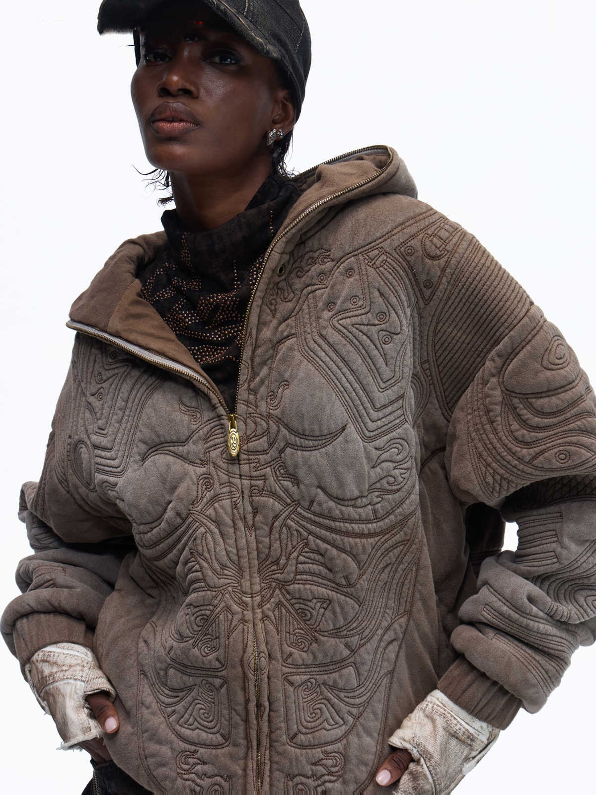 Sun Totem Fully Embroidered Pre-Washed Distressed Sweatshirt