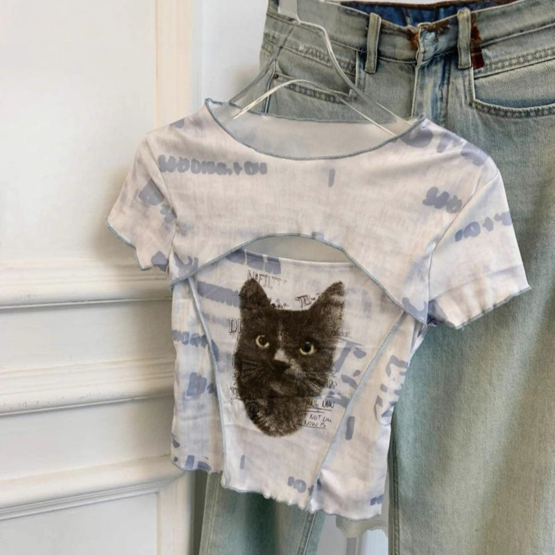 Pure Want Tie-dye Mesh Hollow Short-sleeved T-shirt
