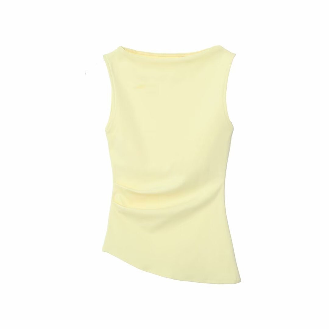 Women's Multi-color Pleated Asymmetric Boat Neck Sleeveless T-shirt