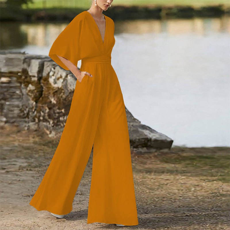 Women's Dress Jumpsuit Deep V High Waist Wide Legs