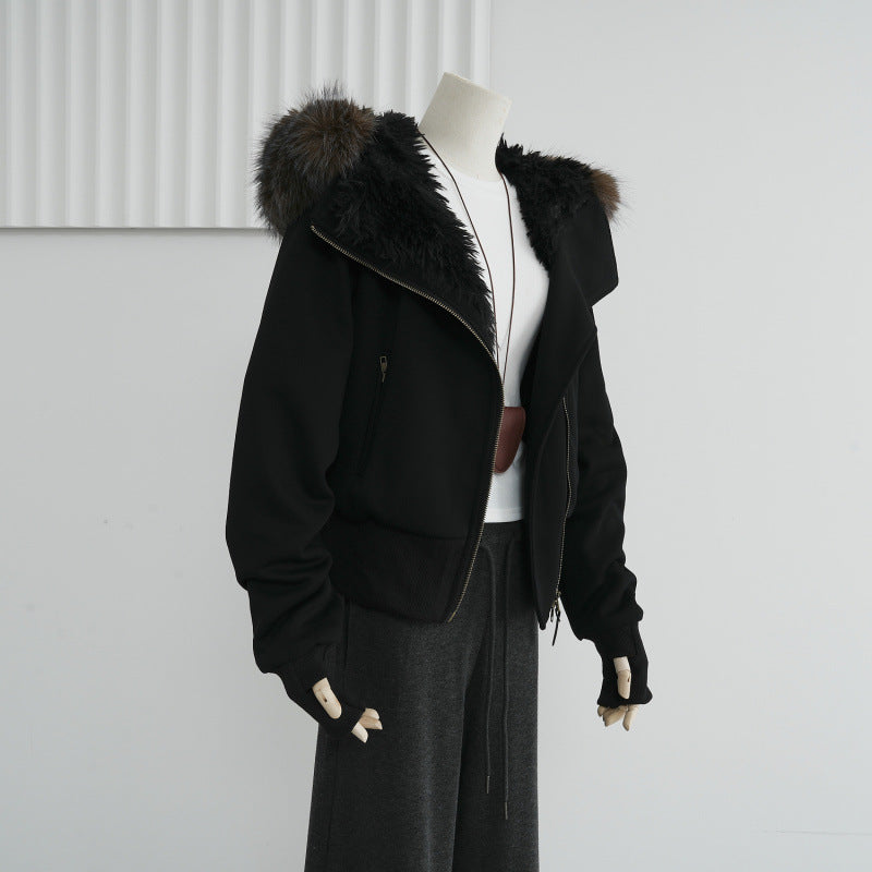 Hooded Fur Collar Twill Plush Liner Cotton Coat Jacket