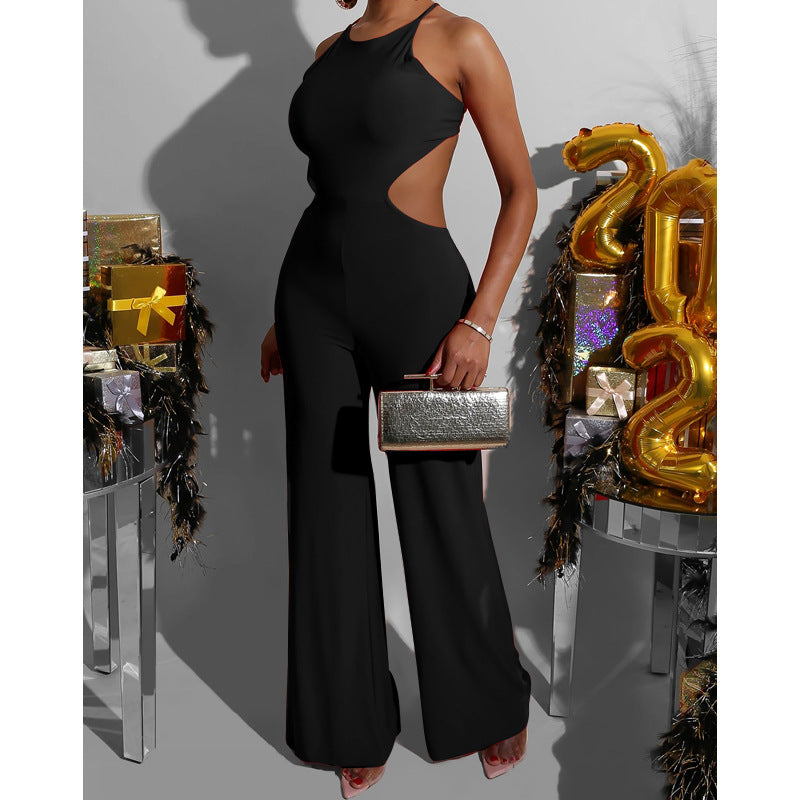 Women's Solid Color Sleeveless Back Mid Length Jumpsuit