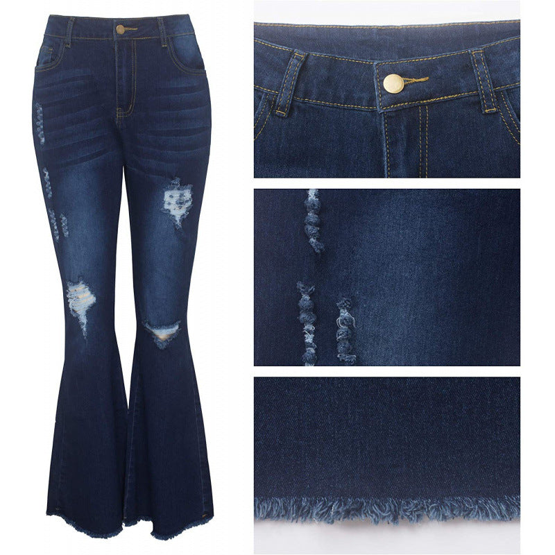 High-Elastic Ripped Flare Jeans For Women