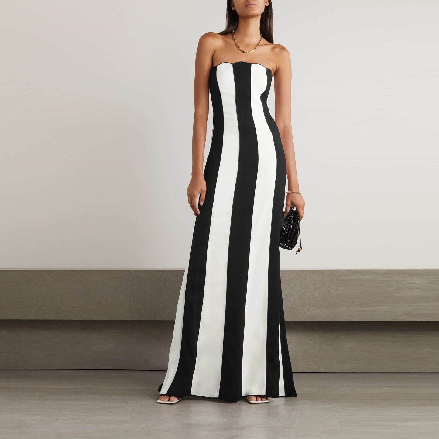 Tube-top Striped Black-and-white Patchwork Dress Womens Wrap-style
