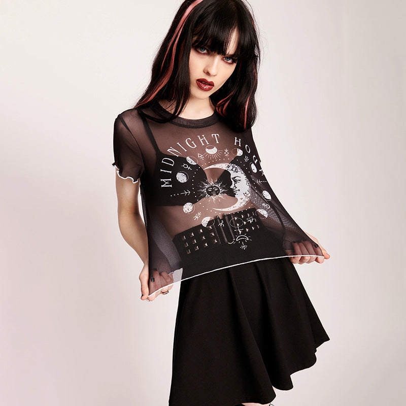 Women's Printed Mesh See-through Trend Tight Top