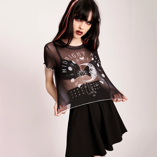 Women's Printed Mesh See-through Trend Tight Top