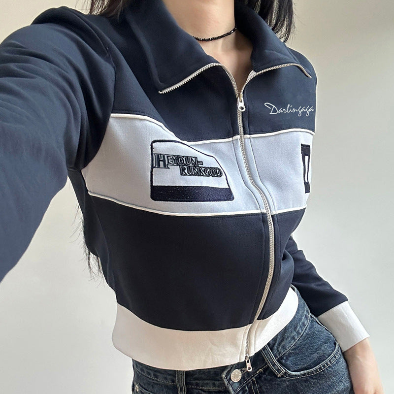 American Retro Color Matching Double Zipper Head Loose Jacket