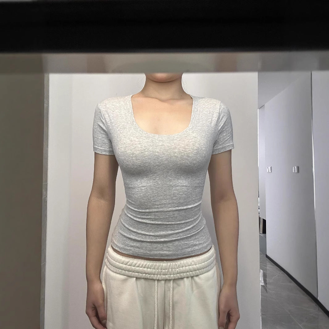 American Hot Girl U-collar Tight Waist Sports Shoulder Short Sleeve