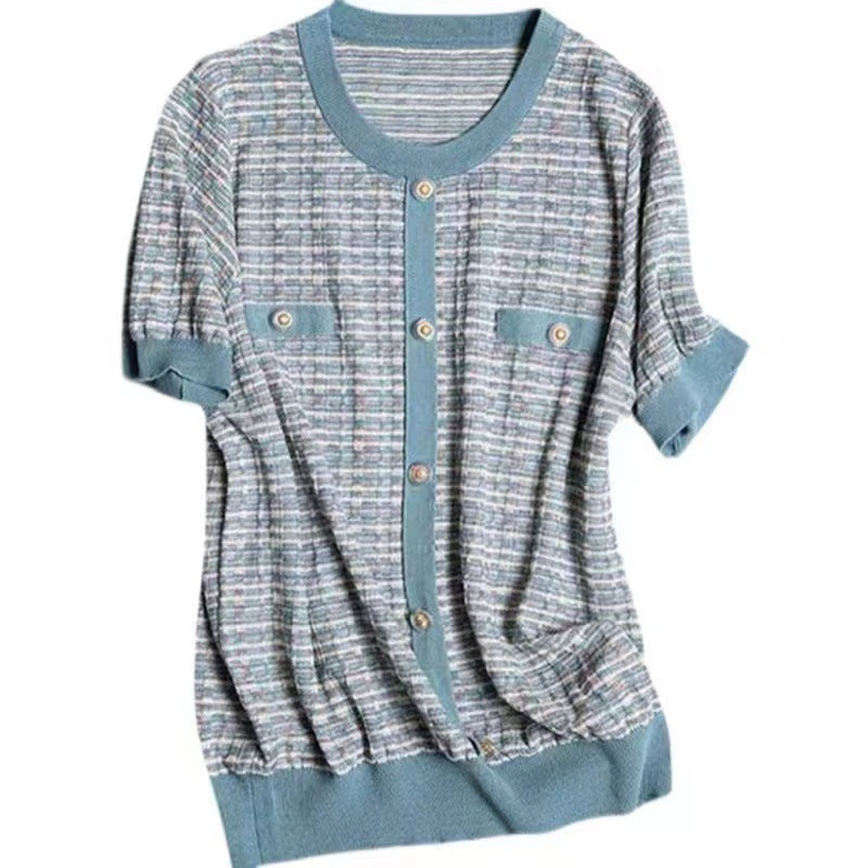 Ice Silk Knitted Top Classic Style Short-sleeved T-shirt Female Round Neck Fashion Loose Temperament Striped