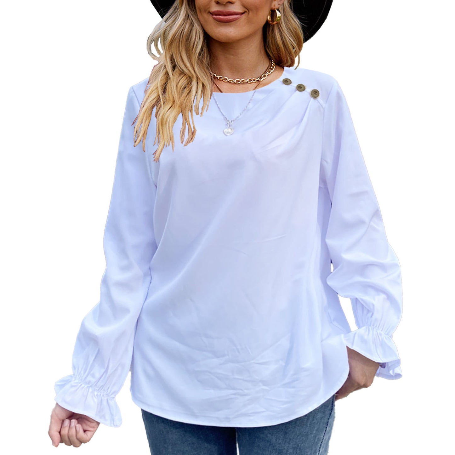 European And American Solid Color Buttons Loose Round Neck Long Sleeve Shirt
