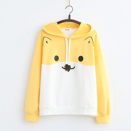 Japanese College Style Sweet Cute Cartoon Cat Printing Loose Hooded Sweater