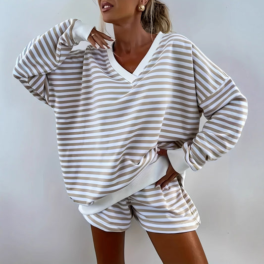 Women's Two-Piece Set Long-Sleeve V-Neck Loose Top And Athletic Shorts
