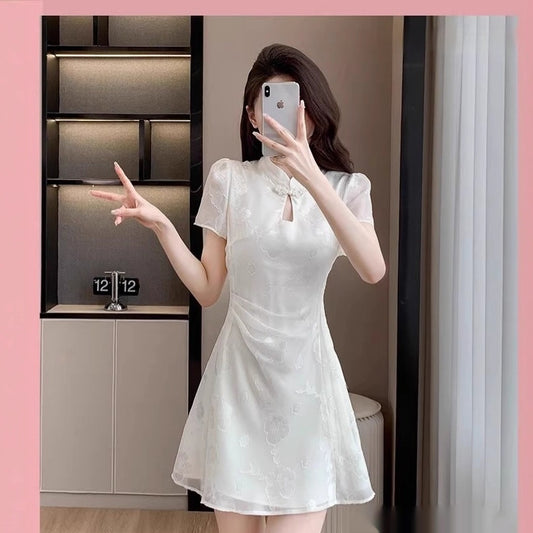 Jacquard Cheongsam Womens Waist Cinching Dress