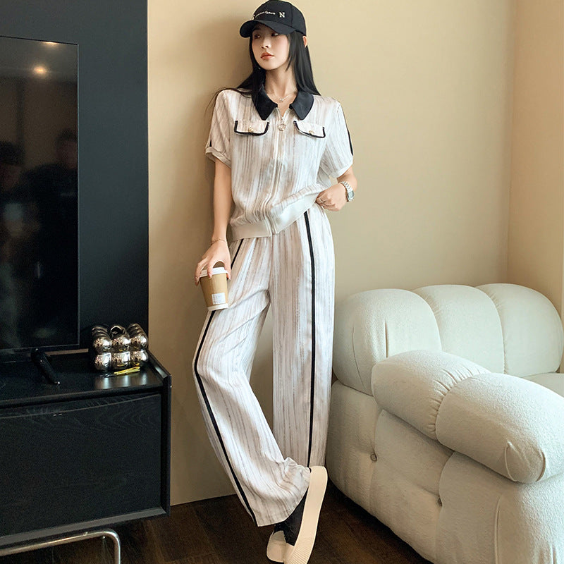 Womens Stylish Youth-Enhancing Lapel Collar Color-Block Short-Sleeve Cardigan Two-Piece Set