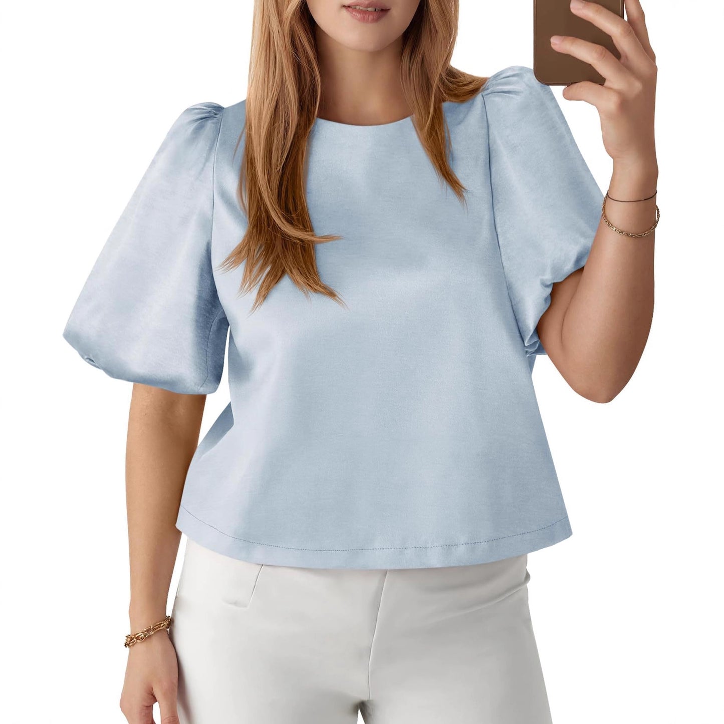 Womens Round-neck Satin Puffed-sleeve Pullover Doll Shirt Top