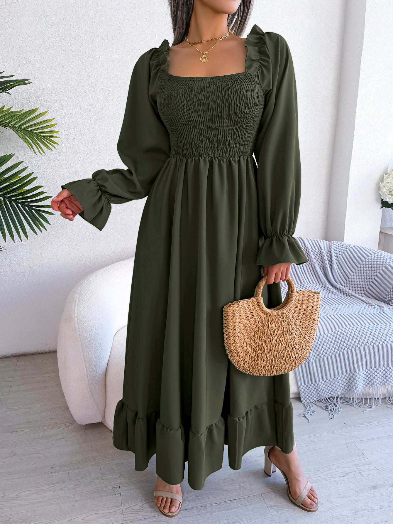 Women's Casual Square Neck Bell Sleeve Flowy Ruffle Maxi Dress