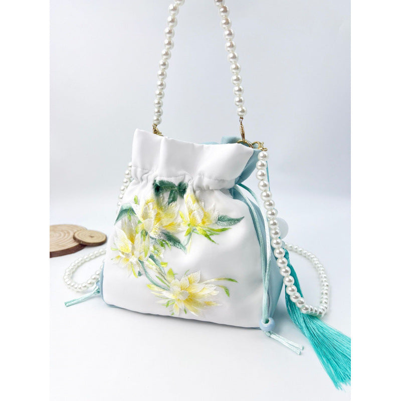 Women's Creative Printing Suzhou Embroidery Pearl Chain Handbag