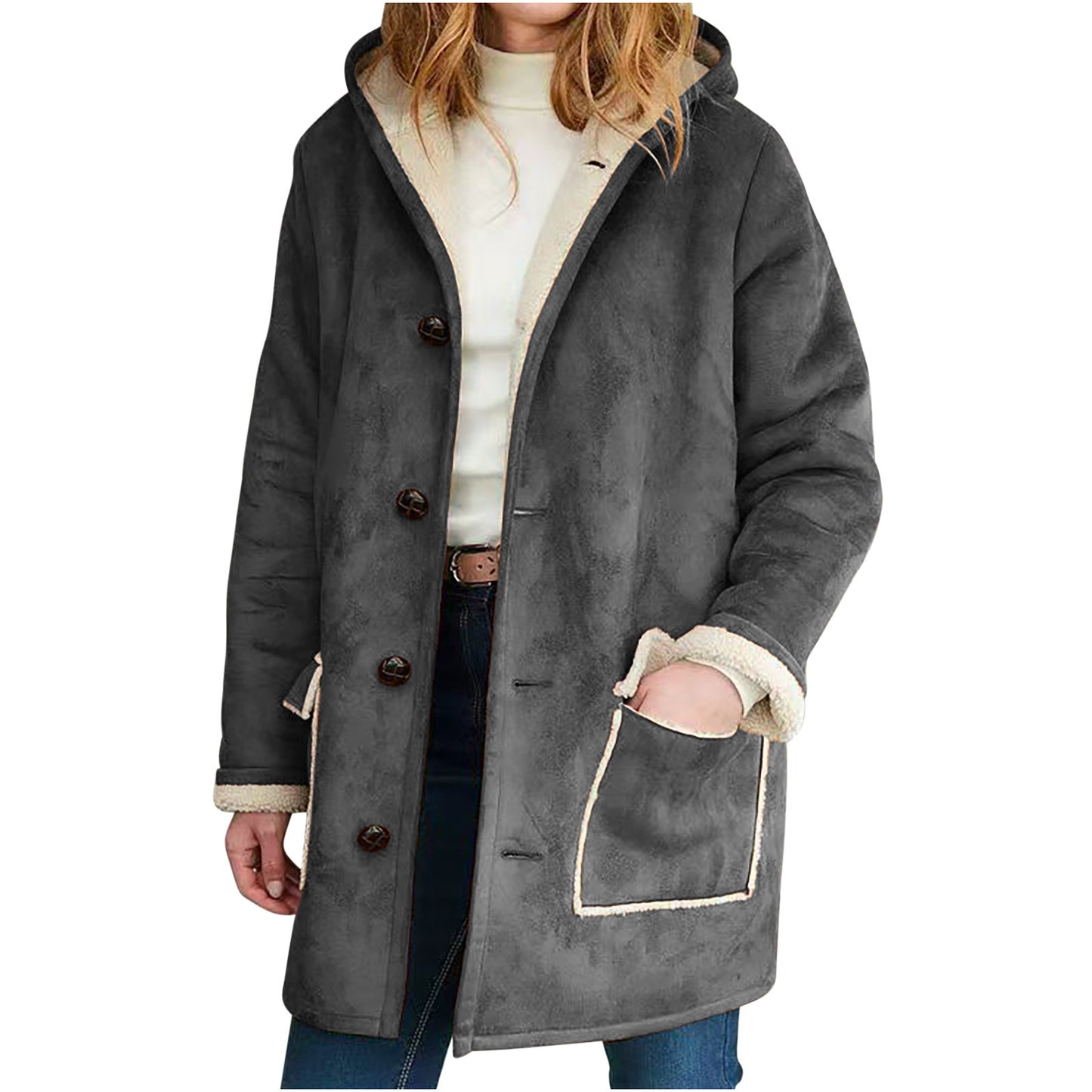 Ensfarvet retro ruskindsfrakke med hætte til efterår og vinter – Løs damebluse med lange ærmer og lommer