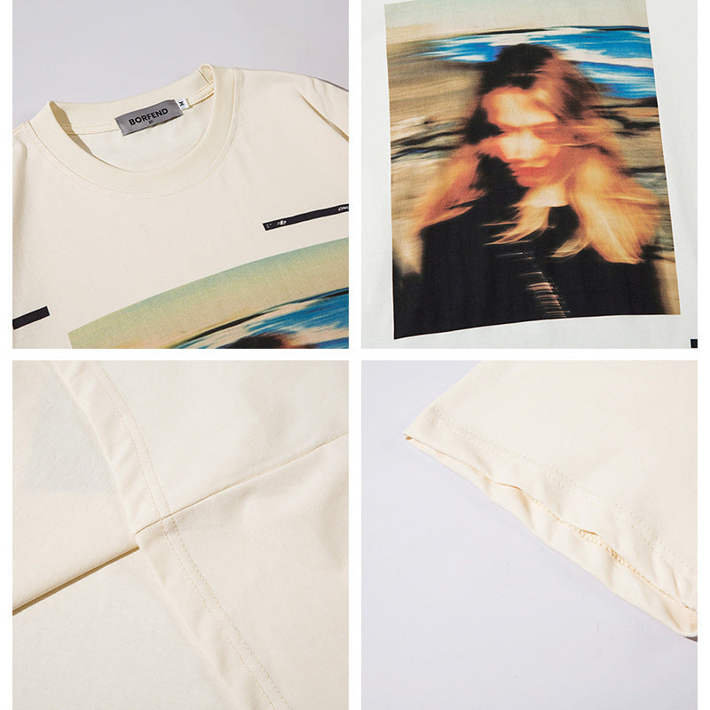 American Retro Portrait Printing Loose Plus Size Short Sleeve