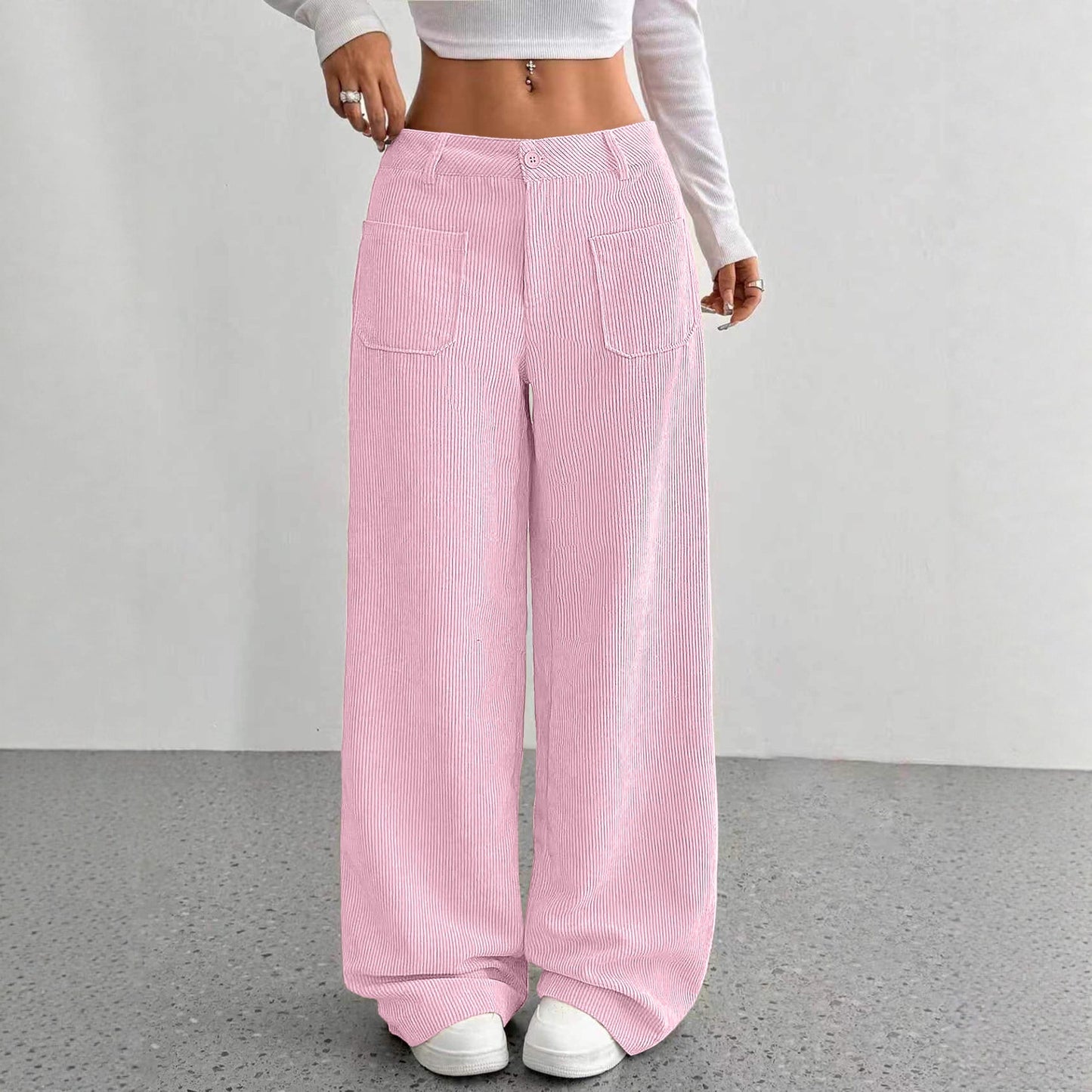 Loose Solid Color Pocket Mop Wide Leg Pants