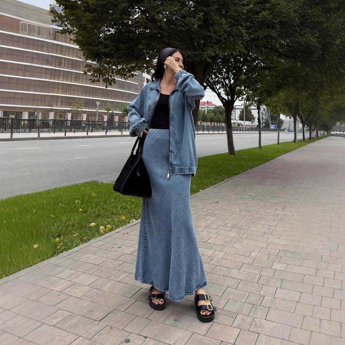Elegant Commuter Denim Wrap Skirt With A Fitted Waist-cinching Design For Women