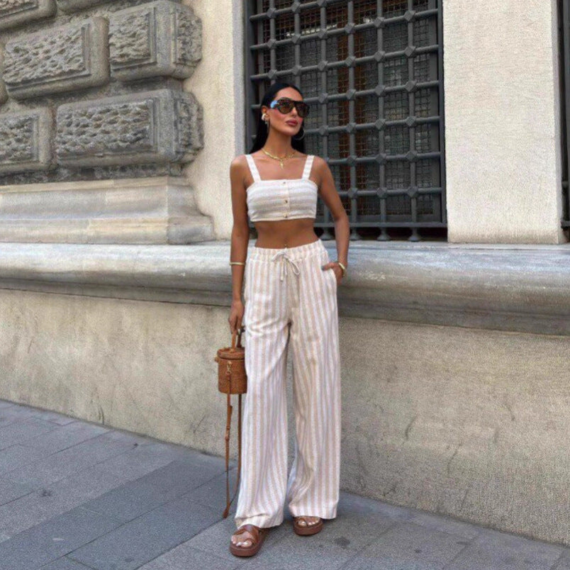 Color Block Camisole And Stylish Elastic Drawstring Pants Two Piece Set
