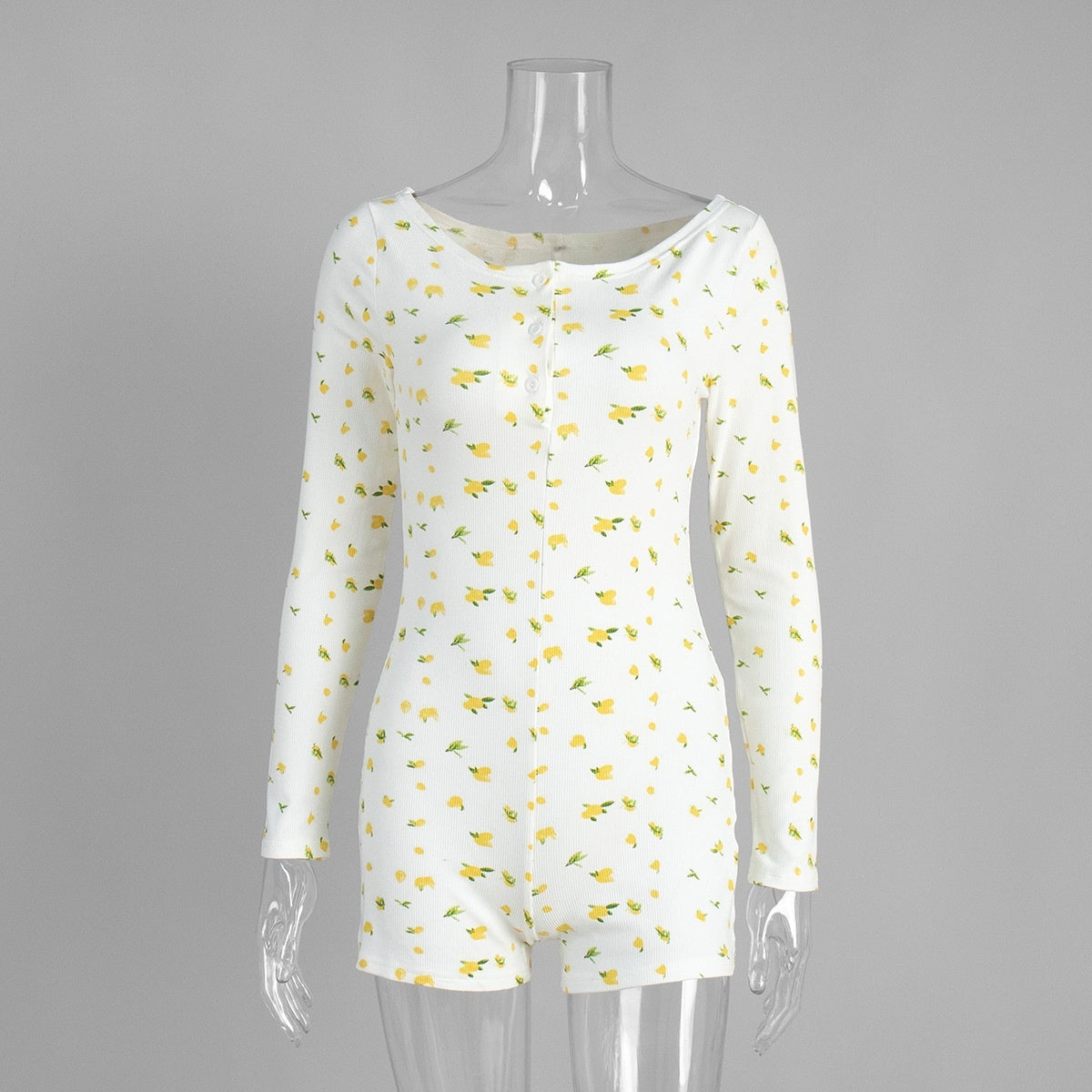 Printed Long-sleeve Jumpsuit Pajamas With Printed Shorts
