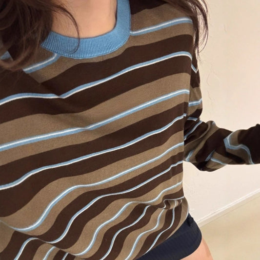 Blå og Kaffestribet Crewneck Pullover Løstsiddende Langærmet Dame