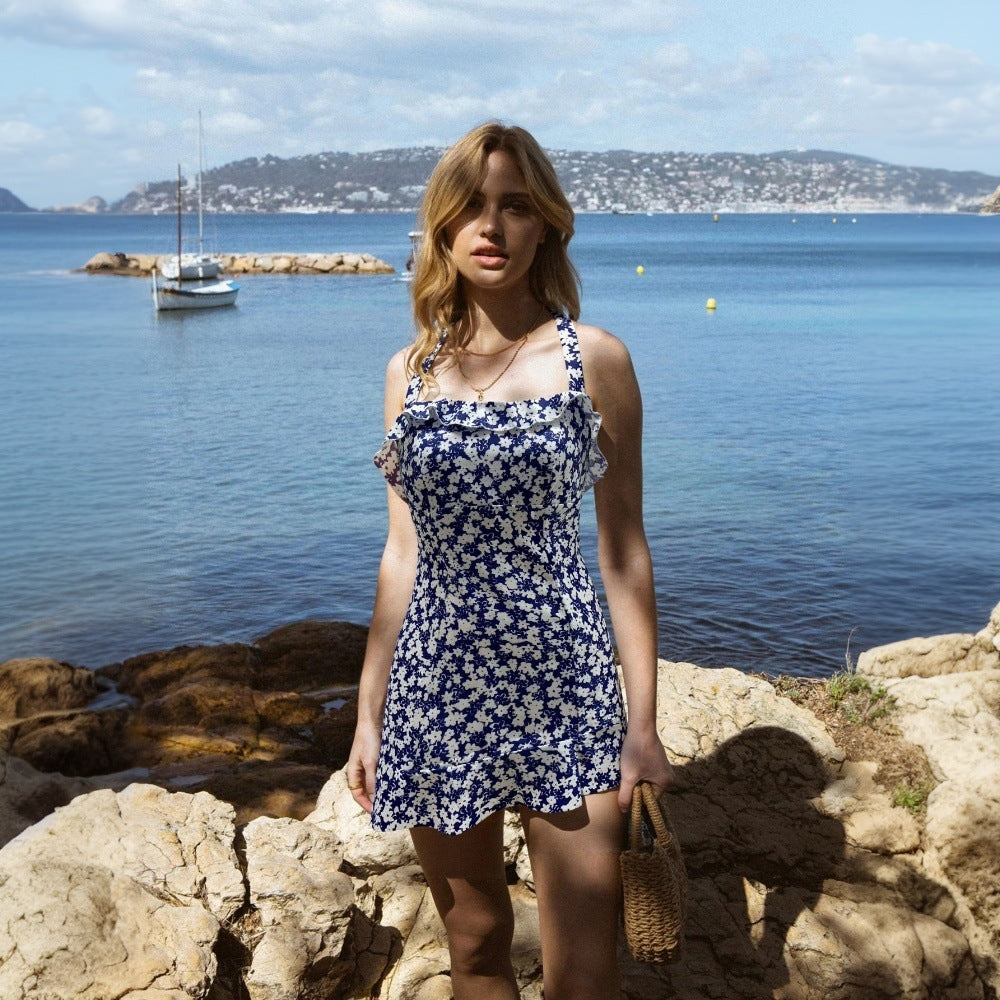 Women's Retro Floral Halter Strap Dress