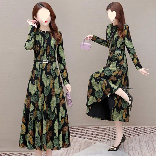 Womens Long Floral-print Dress For Spring And Fall