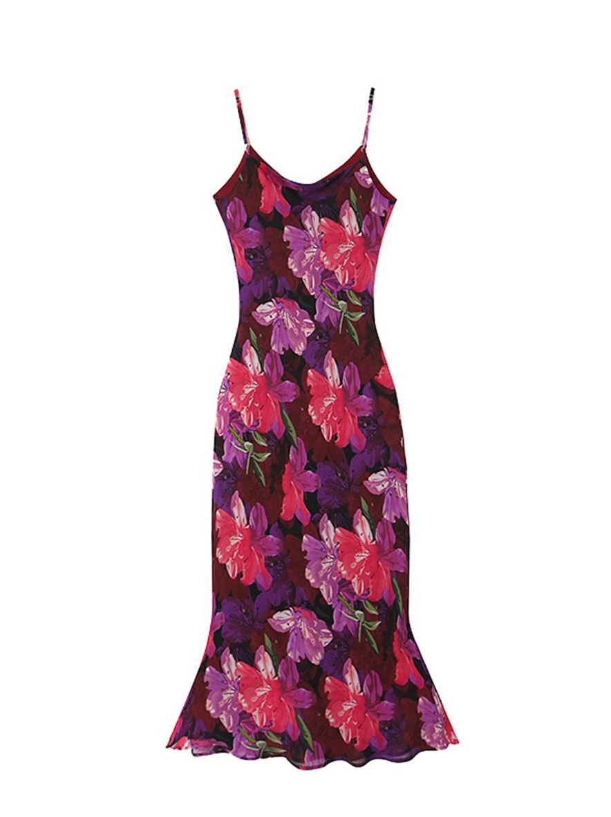 French Lazy Vintage Purple Large Flower Suspended Dress